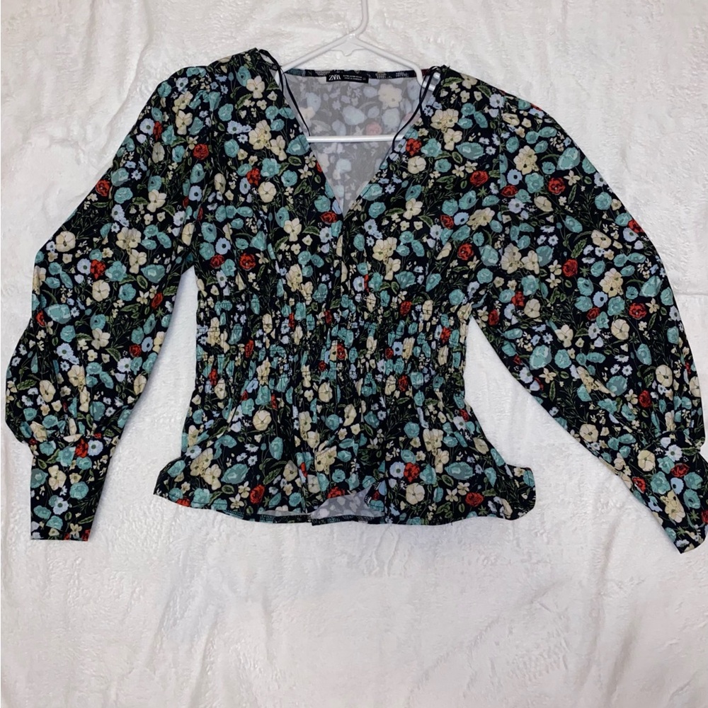 Zara Black and Blue Smocked Long Sleeve Blouse